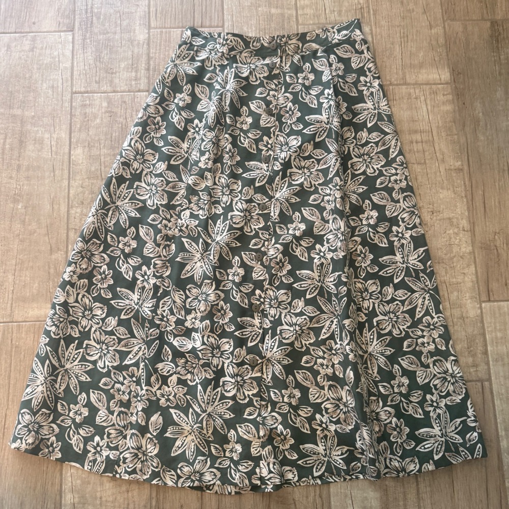 Anna and Frank Green Floral 100% Silk Button Front Midi Skirt Large Vintage 90s